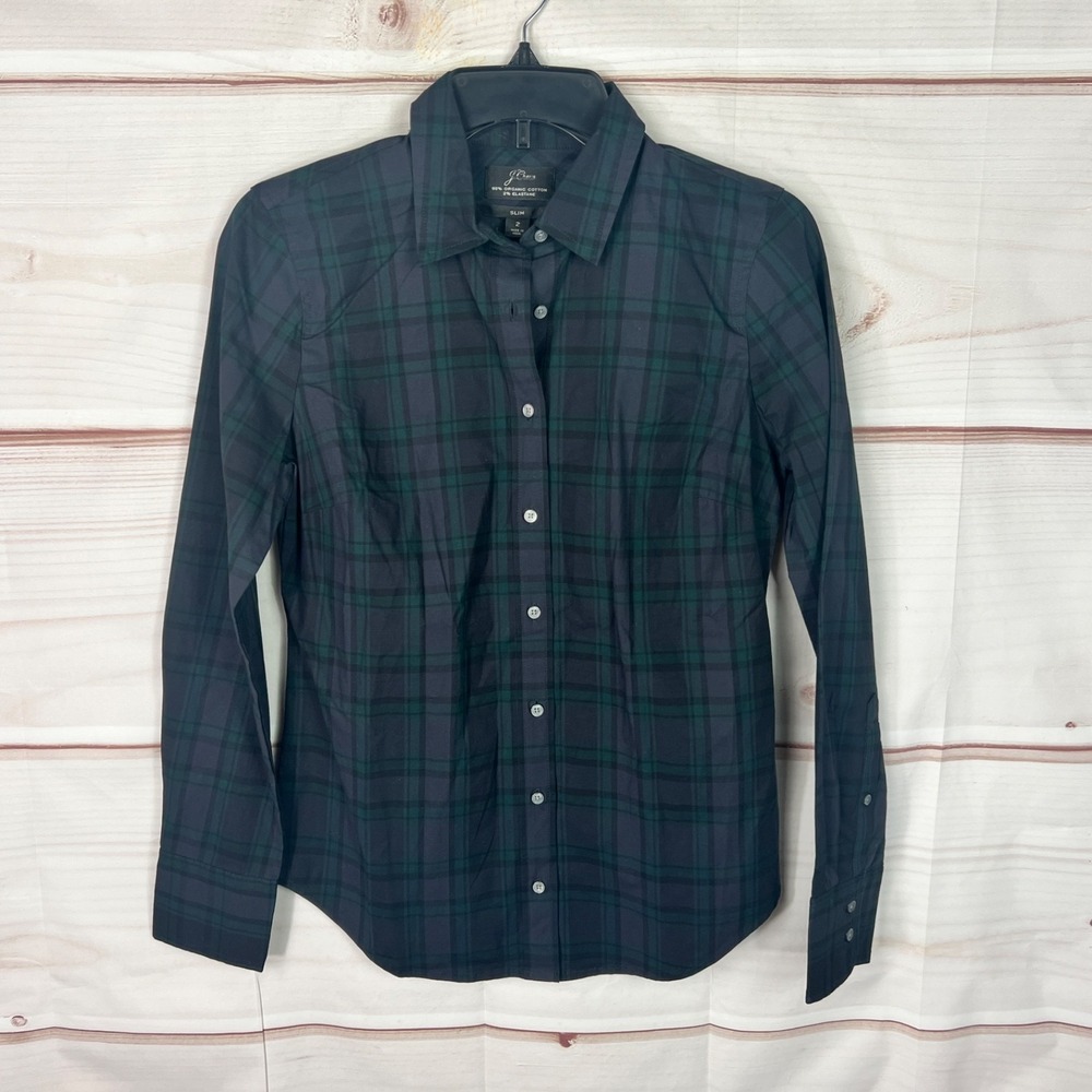 J Crew Top‎ Womens Size 2 Green Tartan Shirt Slim Fit Stretch Button Up Collared